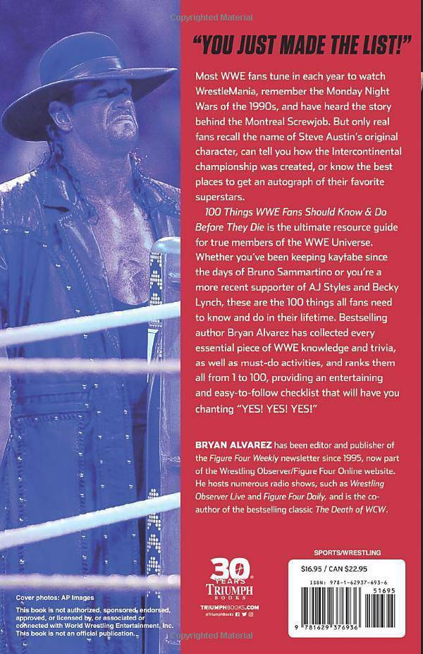Paperback book titled "100 Things WWE Fans Should Know & Do Before They Die" by Triumph Books, featuring WWE-themed cover art.