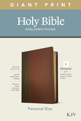 Brown leatherlike KJV Personal Size Giant Print Bible with filament-enabled edition, open pages displaying large text and classic design.
