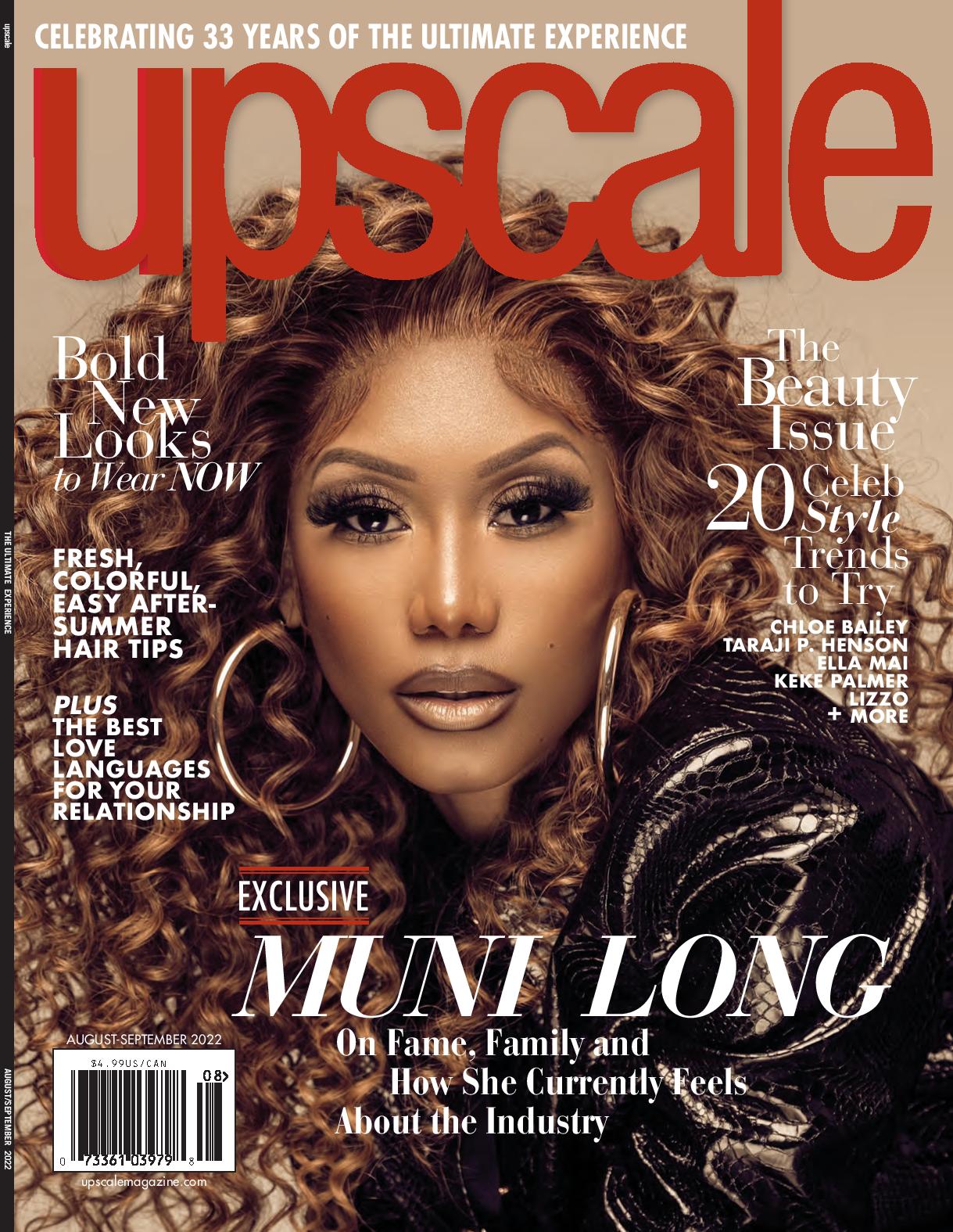 Upscale Magazine featuring a stylish Muni-Long cover design with vibrant colors and modern typography.