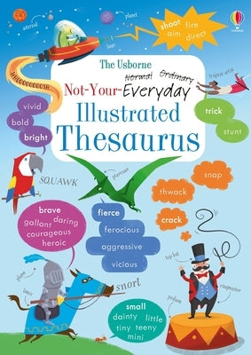 Paperback Not-Your-Everyday Thesaurus by Usborne Books with colorful cover and detailed typography.