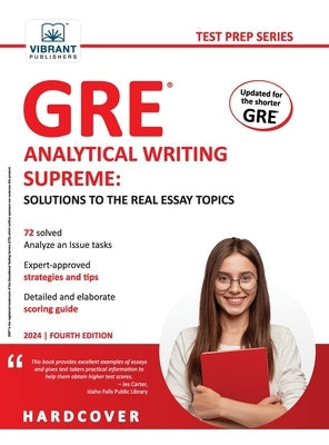 Hardcover of GRE Analytical Writing Supreme by Vibrant Publishers showing the book cover with title and author details.