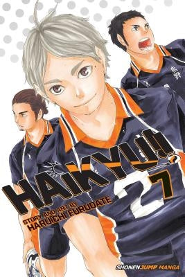Paperback of Haikyu!! Vol. 7 comic book by Viz Media displaying colorful cover art with characters in volleyball action.