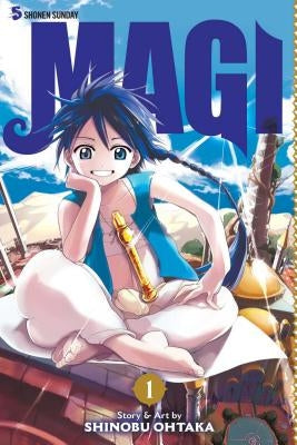 Paperback of Magi: The Labyrinth of Magic, Vol. 1 manga by Viz Media featuring vibrant cover art and characters from the series.