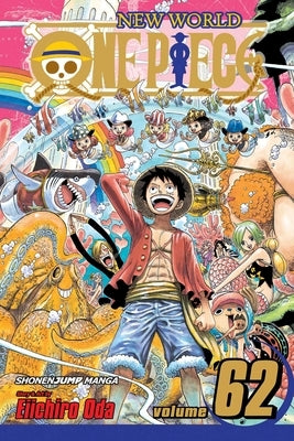 Paperback of One Piece, Vol. 62 by Viz Media featuring colorful manga cover art with characters in vibrant action scenes.
