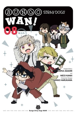 Paperback copy of Bungo Stray Dogs: Wan!, Vol. 8 manga by Yen Press featuring colorful cover art and spine detail.