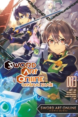 Paperback manga volume 3 of Sword Art Online Ordinal Scale by Yen Press, featuring colorful cover art with characters from the series.