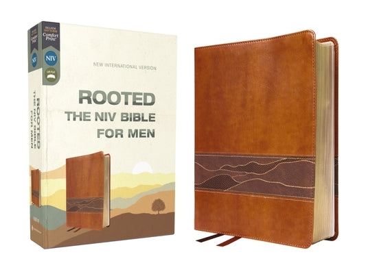 Brown Leathersoft NIV Bible for Men by Zondervan, Rooted edition with Comfort Print, detailed cover and open pages visible.