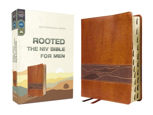 Brown Zondervan Rooted NIV Bible for Men, Leathersoft cover with thumb index and comfort print, featuring a durable design and classic style.