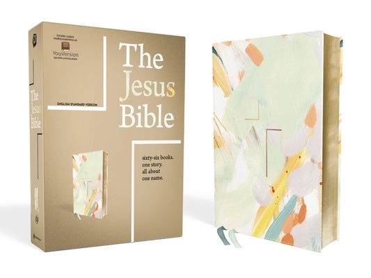 The Jesus Bible ESV Edition Leathersoft in multi-color teal with decorative cover and gold-edged pages, Zondervan religious Bible.